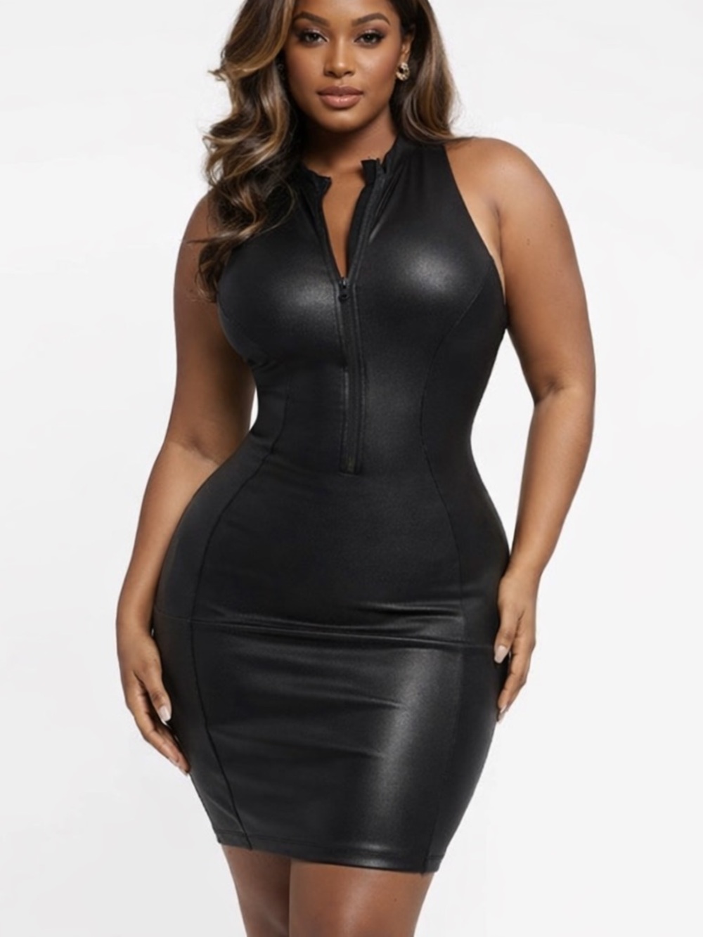 NWT Popilush BuiltIn Shapewear Black Faux Leather Zip MockNeck Midi Rare XXL!!